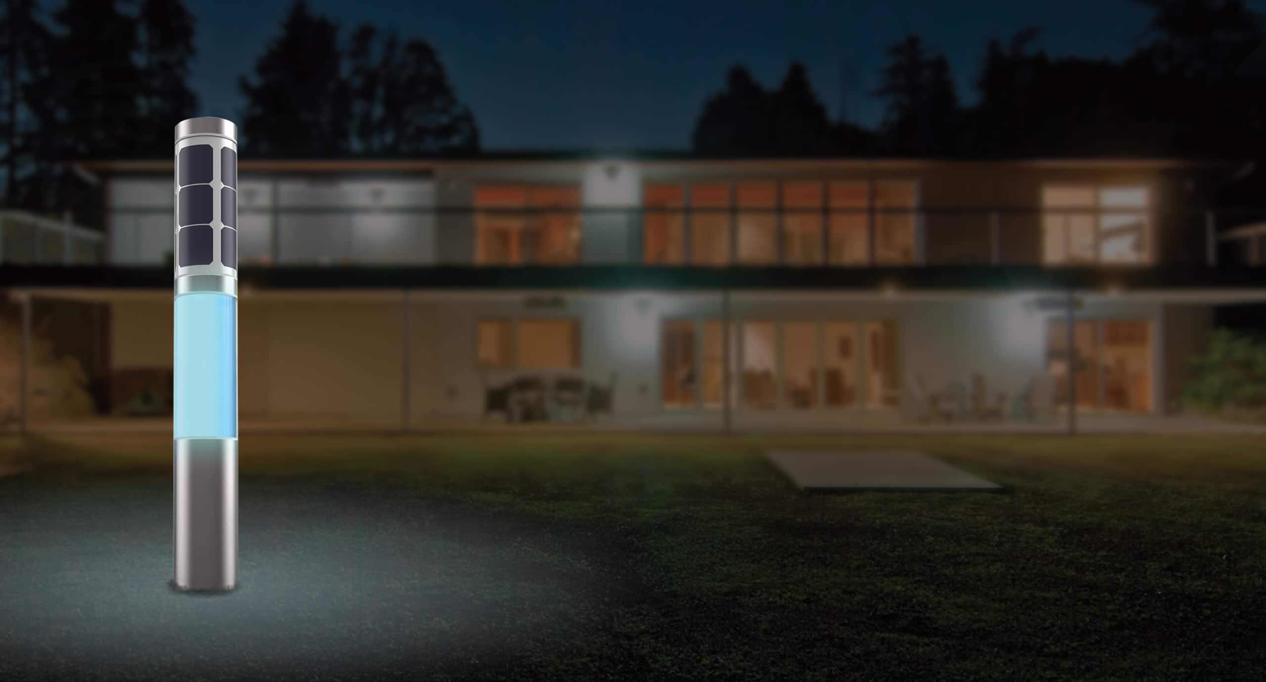 NxT-design-villa-solar-bollard-tuinverlichting-zonne-energie NxT solar bollard, tuinverlichting op zonne-energie bij villa.